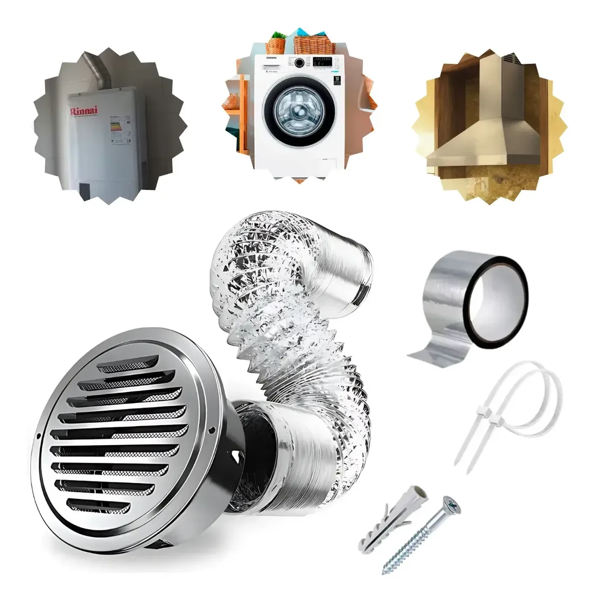 Kit Exaustão Coifa de Parede ou Ilha Grade Veneziana Inox Duto Abraçadeiras