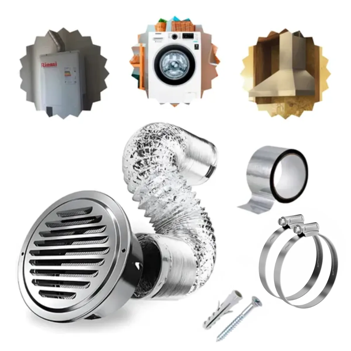 Kit Exaustão Coifa de Parede ou Ilha Grade Veneziana Inox Duto Abraçadeiras