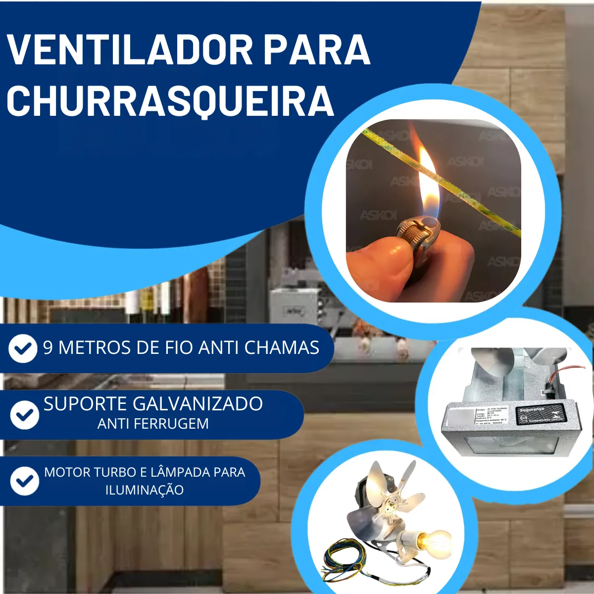 Exaustor 15cm Com Lâmpada Para Churrasqueira Com Cabo Anti-Chamas 3